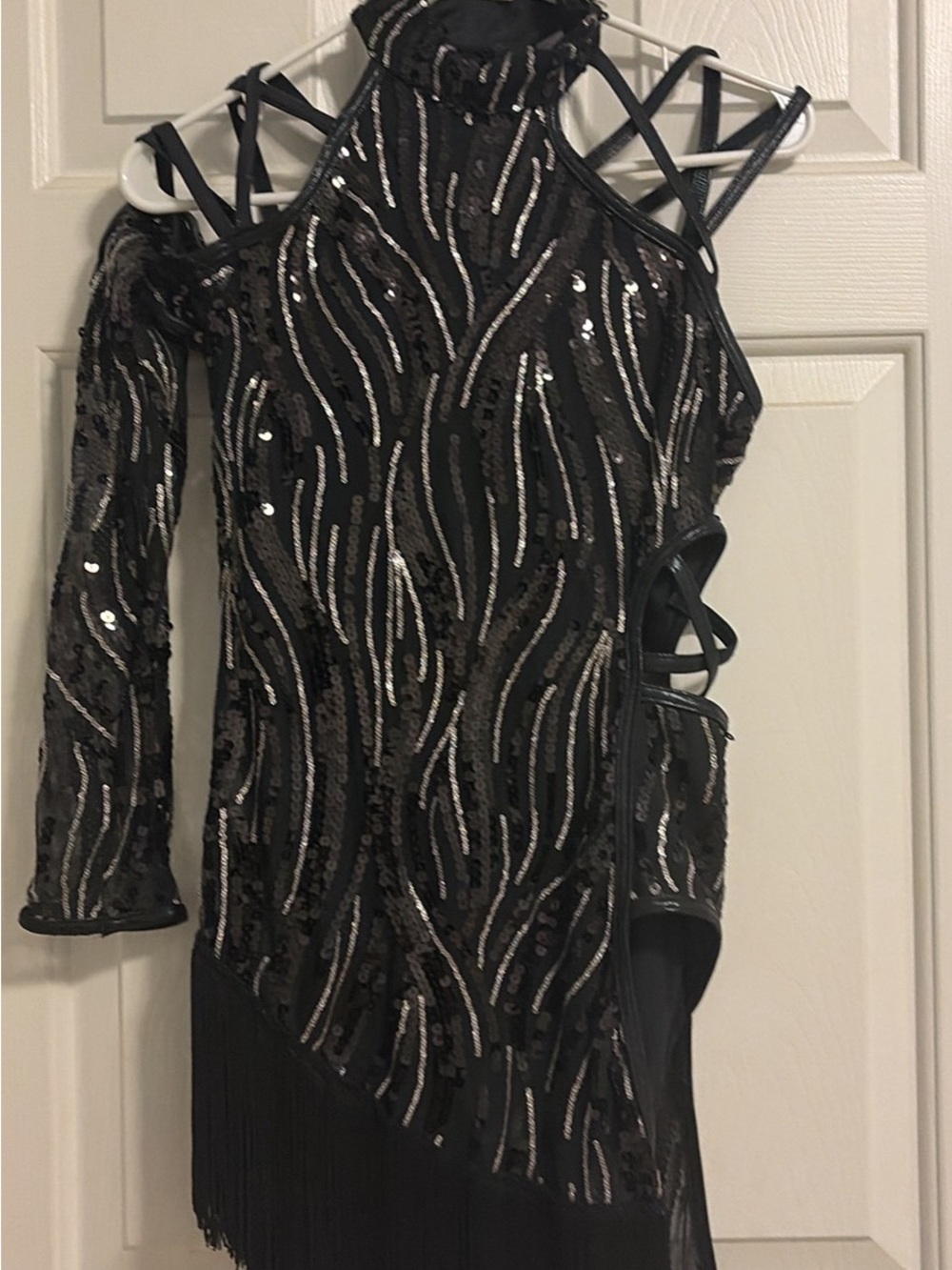 Weissman Black and Silver Asymmetrical Sequin Fringe Dress